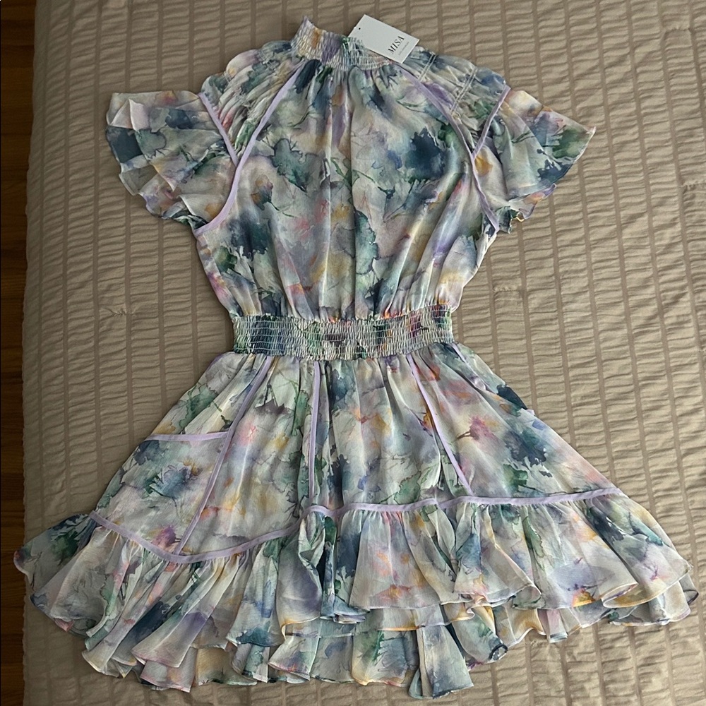 MISA Los Angeles Floral Dress with Ruffled Sleeves